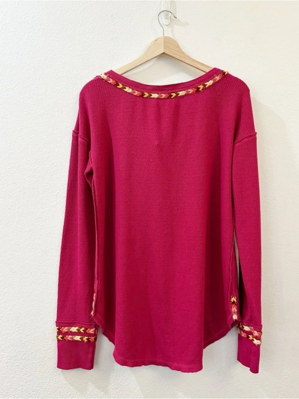 Free People Tribal Rainbow Henley Embroidered Thermal Long Sleeve Tee Size Large